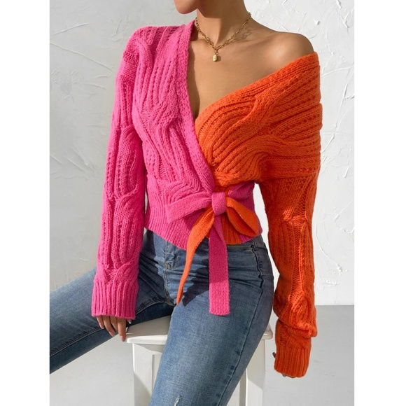 Cable Knit Wrap Cardigan Tie Side V-Neck Colorblock Pink Orange - Picture 4 of 9